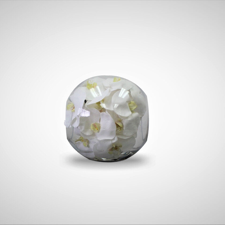 Orchidées Blanches Dans Un Vase Rond Transparent